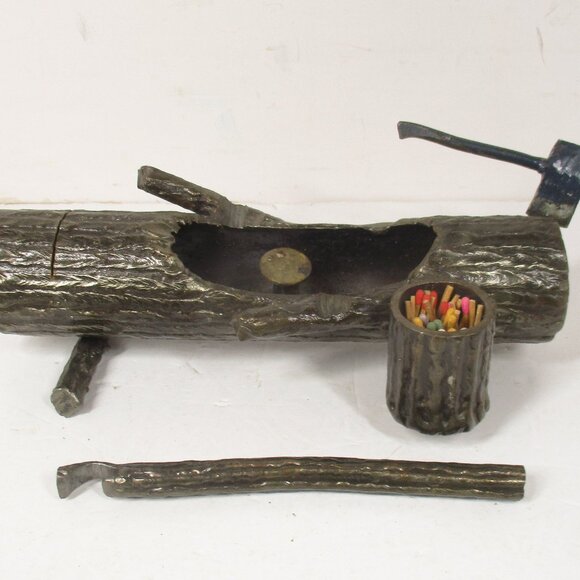 Vintage Steel Log Ashtray with Axe, Match Holder & Bottle Opener 10 1/2 Inches - Picture 1 of 10